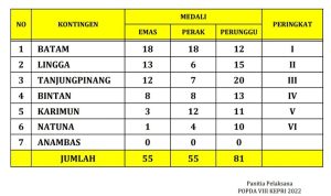 Perolehan Medali Popda 2022 Kepri: 55 Nomor, Batam Menyalip Lingga dan Tanjungpinang